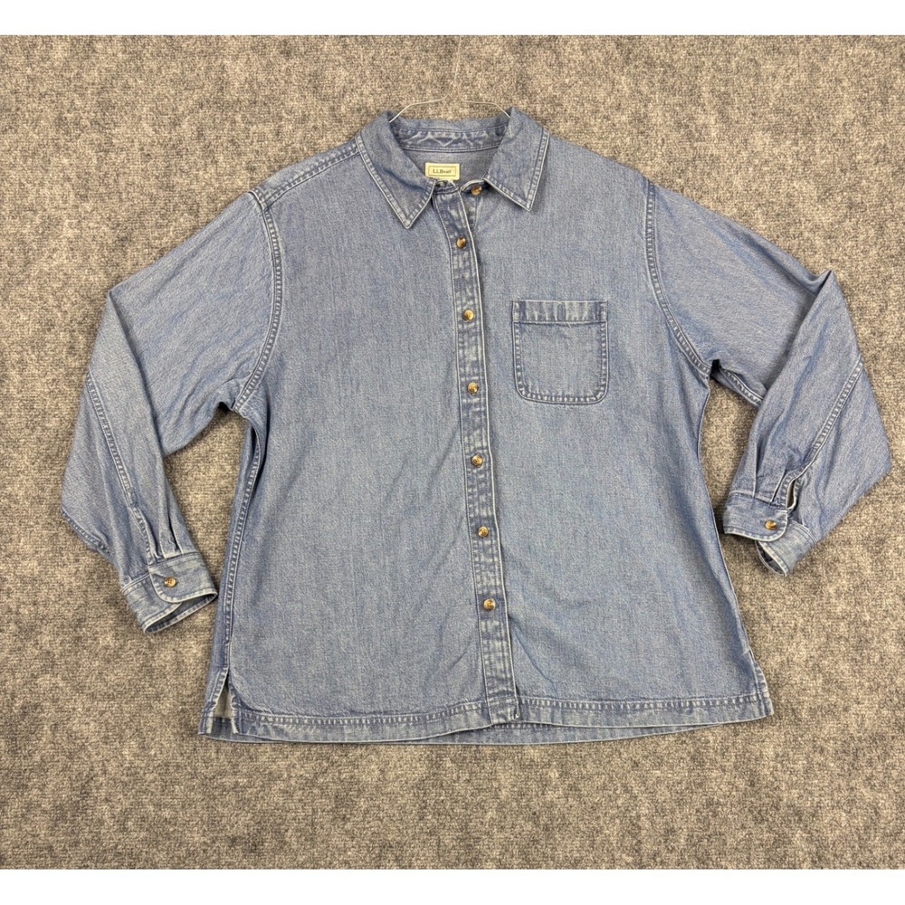 LL Bean Denim Shirt Womens L Petite Blue Tencel Cotton Button Down Long Sleeve